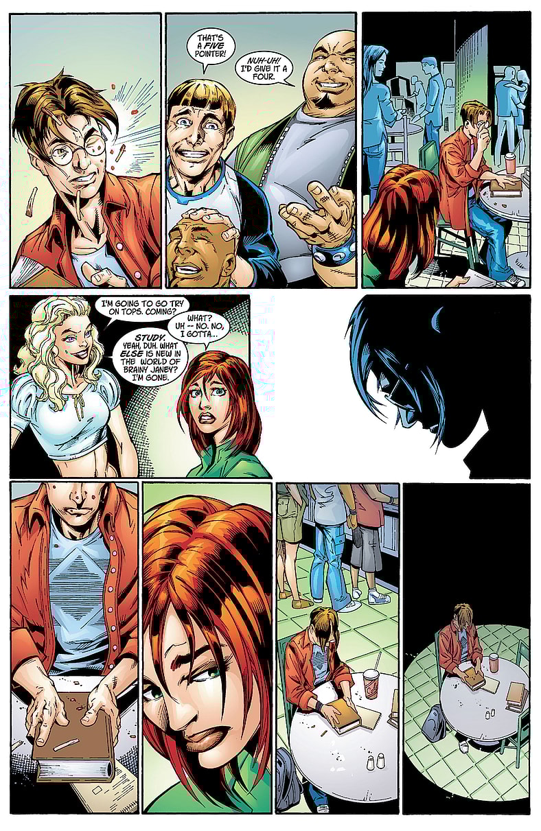Peter Parker finds himself on the receiving end of Flash Thompson's torment in Ultimate Spider-Man Vol. 1 #1 "Powerless" (2000), Marvel Comics. Words by Brian Michael Bendis and Bill Jemas, art by Mark Bagley, Art Thibert, Steve Buccellato, and Richart Starkings.