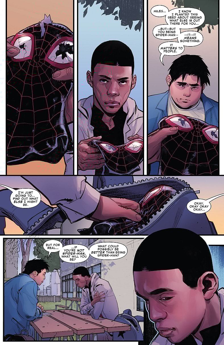 in Spider-Men II Vol. 1 #2 (2017), Marvel Comics. Words by Brian Michael Bendis, art by Sara Pichelli, Mark Bagley, Elisabetta D'Amico, John Dell, Justin Ponsor, and Cory Petit.
