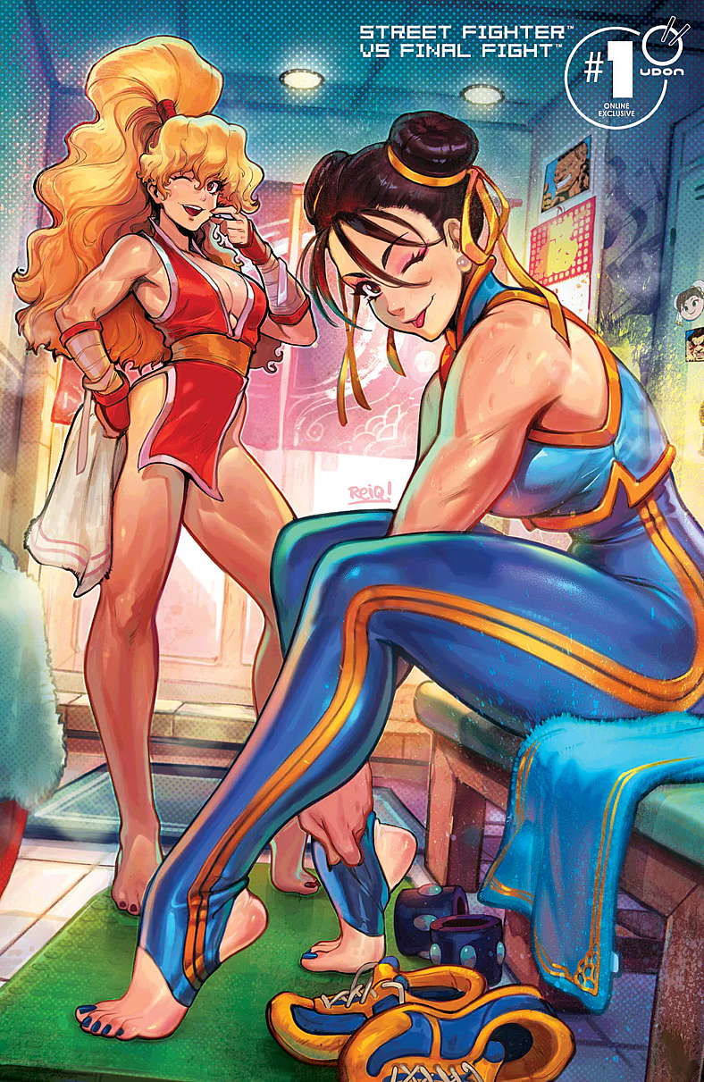 Maki and Chun-Li get their battle uniforms ready on Rei Q's variant cover to Street Fighter vs. Final Fight Vol. 1 #1 (2024), UDON Entertainment