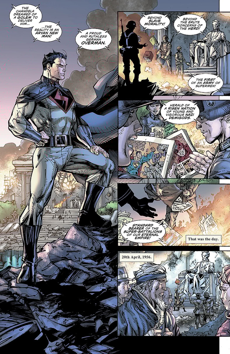 Overman leads Nazi Germany's conquest of America in The Multiversity: Mastermen Vol. 1 #1 "Splendour Falls" (2015), DC. Words by Grant Morrison, art by Jim Lee, Scott Williams, Sandra Hope, Jonathan Glapion, Mark Irwin, Alex Sinclair, Jeromy Cox and Rob Leigh.