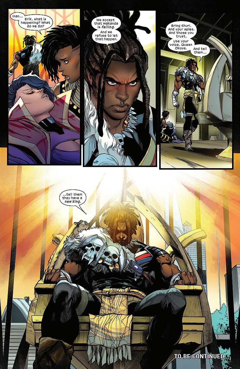 Erik Kilmonger takes the throne to defend Wakanda in T'Challa's absence in Ultimate Black Panther Vol. 1 #17 (2025), Marvel Comics. Words by Bryan Edward Hill, art by Stefano Caselli, David Curiel, and Joe Caramagna.