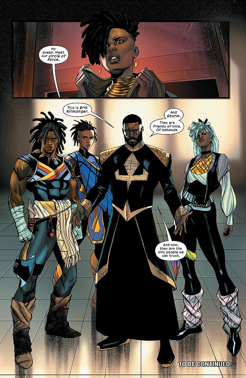 T'Challa introduces his wife, Okoye, to his inner circle of Erik Killmonger, Shuri, and Storm in Ultimate Black Panther Vol. 1 #4 (2024), Marvel Comics. Words by Bryan Edward Hill, art by Stefano Caselli, David Curiel, and Cory Petit.