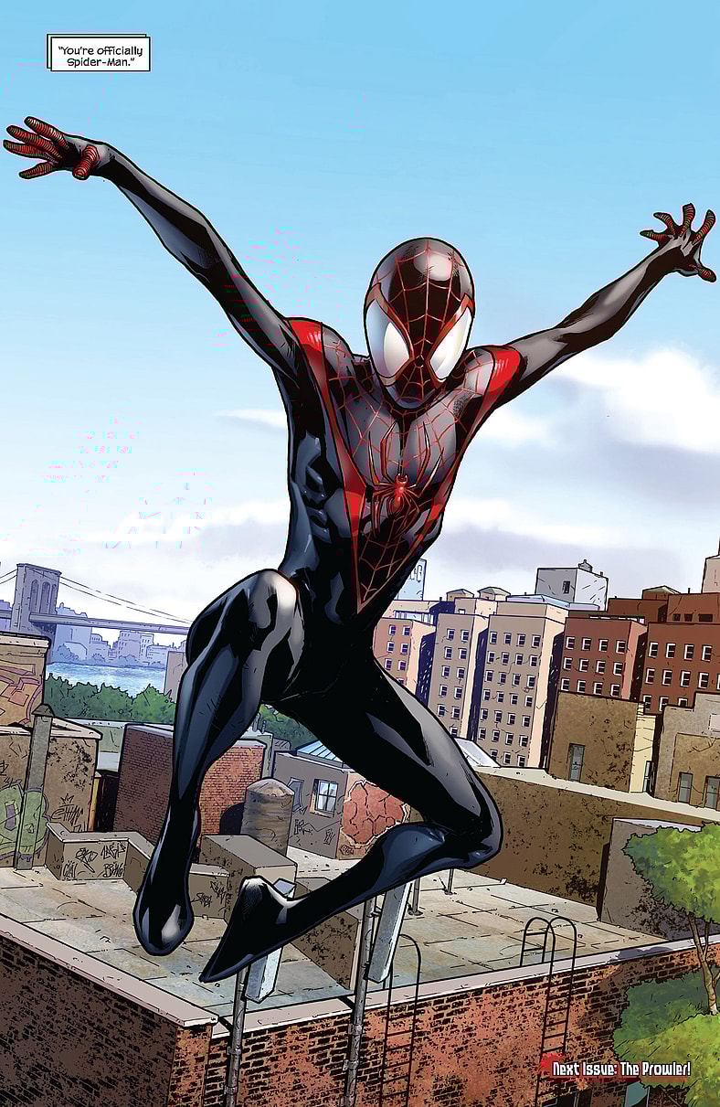 Miles Morales officially receives the title of 'Ultimate Spider-Man' his web-slinging future in Ultimate Comics Spider-Man Vol. 1 #5 (2017), Marvel Comics. Words by Brian Michael Bendis, art by Sara Pichelli, David Messina, Justin Ponsor, and Cory Petit.