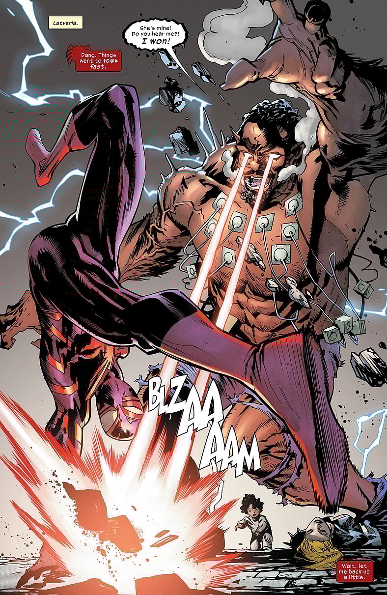 Miles Morales dodges around an Origin Box-powered Emmanuel da Costa in Ultimate Spider-Man: Incursion Vol. 1 #5 (2025), Marvel Comics. Words by Deniz Camp and Cody Ziglar, art by Jonas Scharg, Edgar Delgado, and Cory Petit.