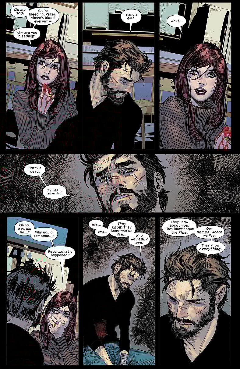 Peter Parker and Mary-Jane confront the reality of his new side gig in Ultimate Spider-Man Vol. 3 #14 (2025), Marvel Comics. Words by Jonathan Hickman, art by Marco Checchetto, Matthew Wilson, and Cory Petit.