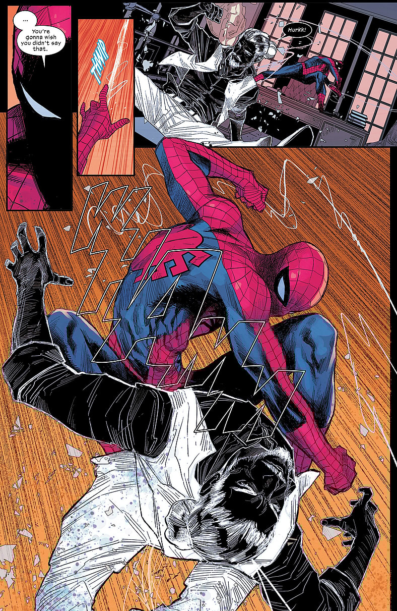 Peter Parker doesn't take kindly to his son being threatened by Mr. Negative in Ultimate Spider-Man Vol. 1 #23 (2025), Marvel Comics. Words by Jonathan Hickman, art by Marco Checchetto, David Messina, Matthew Wilson, and Cory Petit.