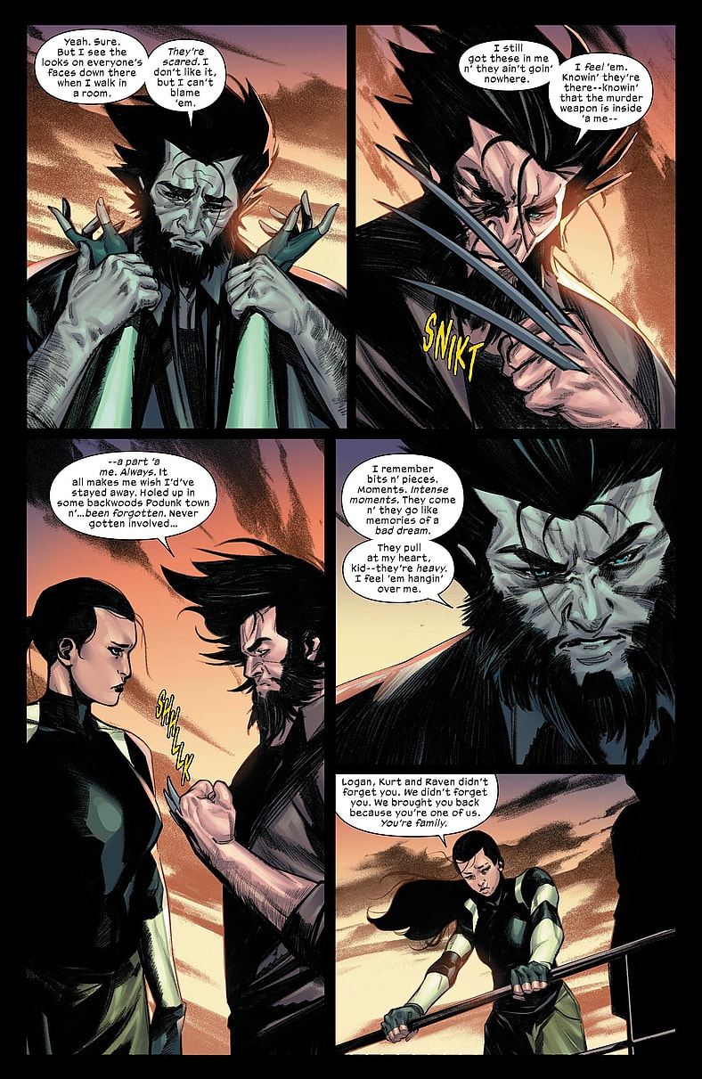 Logan shares his fears regarding redemption with Kitty Pryde in Ultimate Wolverine Vol. 1 #7 (2025), Marvel Comics. Words by Chris Condon, art by Alessandro Cappuccio, Bryan Valenza, and Cory Petit.