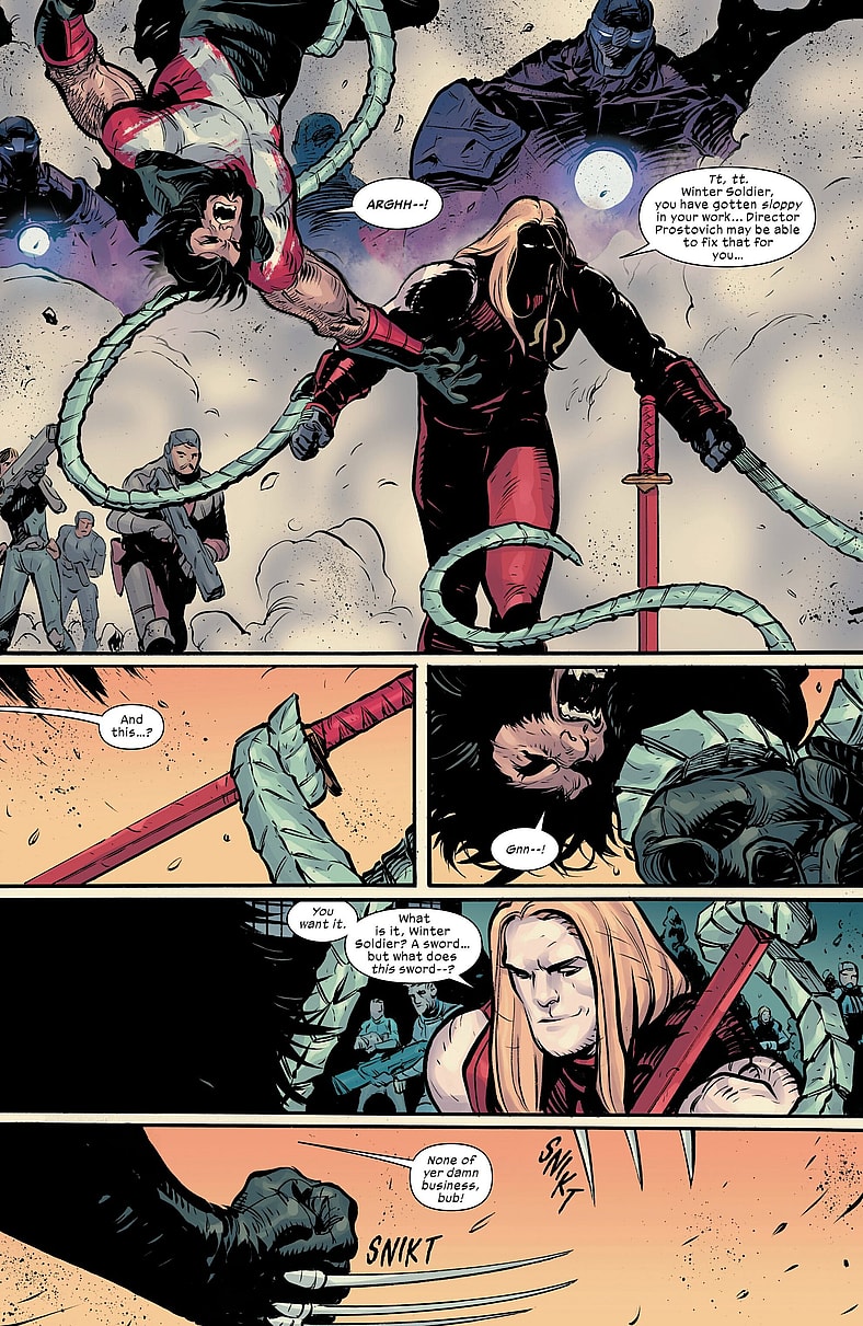 Omega Red delights in keeping Logan separated from the Muramasa in Wolverine Vol. 1 #10 (2025), Marvel Comics. Words by Chris Condon, art by Alex Lins, Bryan Valenza, and Cory Petit.