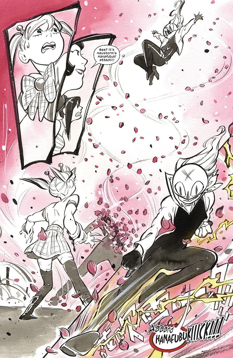 Maystorm does her best Kamen Rider impression in Ultimate X-Men Vol. 2 #14 (2024), Marvel Comics. Words and art by Peach Momoko.