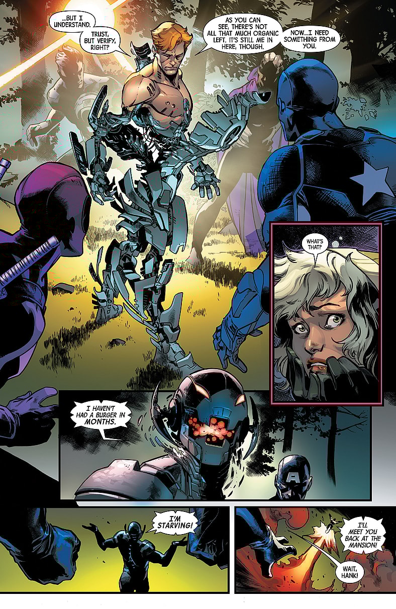 Hank Pym claims to have mastered his connection with Ultron in Uncanny Avengers Vol. 3 #10 "Who Are You Wearing?" (2016), Marvel Comics. Words by Gerry Duggan, art by Pepe Larraz, David Curiel, and Clayton Cowles.