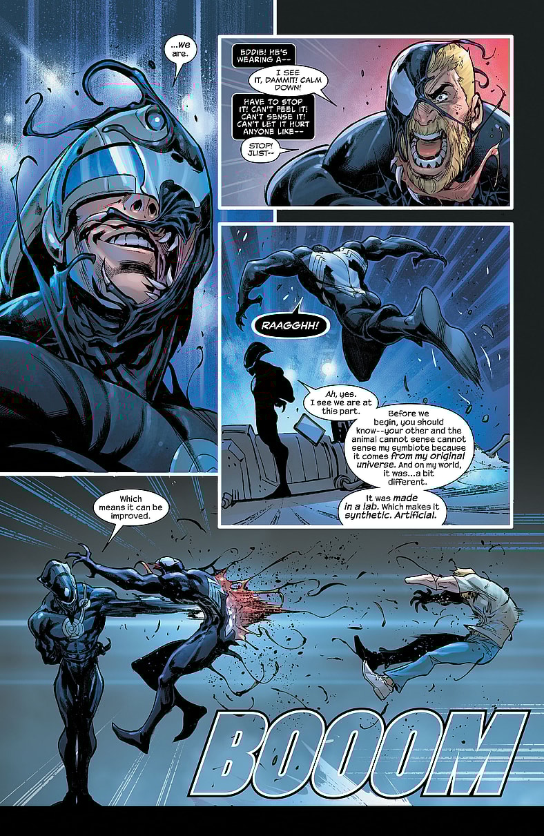 The Maker unleashes a secret weapon against Eddie Brock in Venom Vol. 4 #26 "Venom Beyond: Part 1" (2020), Marvel Comics. Words by Donny Cates, art by Iban Coello, Juan Gedeon, Jesus Aburtov, and Clayton Cowles.