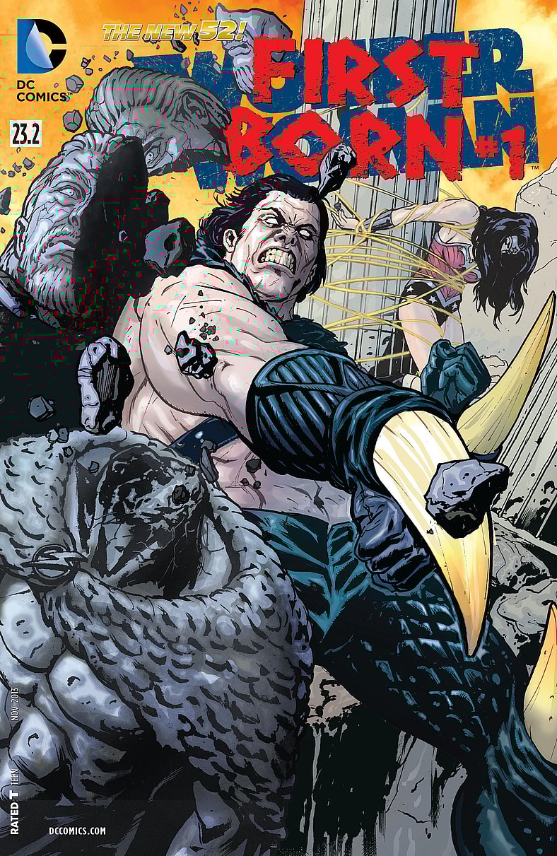 First Born, wielding his tusk club, while Wonder Woman is tied to a post in Brian Azzarello, Aco, and Victor Ibáñez Ramirez's cover to Wonder Woman Vol.4 Issue #23.2 "First Born" (2013), DC Comics
