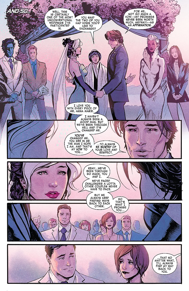 Rogue and Gambit exchange their vows in X-Men Gold Vol. 2 #30 "Til Death Do Us Part: Conclusion" (2018), Marvel Comics. Words by Marc Guggenheim, art by David Marquez, Matthew Wilson, and Cory Petit.