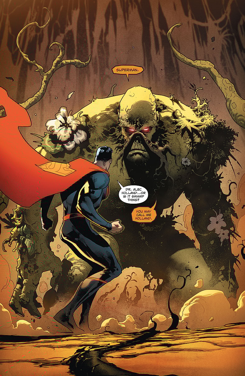 Superman responds to a distress call from Swamp Thing in Superman Annual Vol. 4 #1 "Tangled Up in Green" (2017), DC. Words by Peter Tomasi and Patrick Gleason, art by Jorge Jiménez, Alejandro Sánchez, and Sadia Temofonte.
