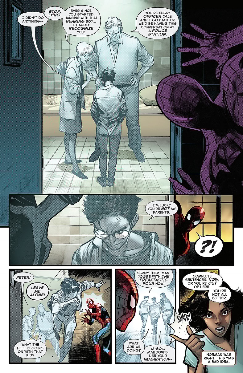 Peter Parker remembers the time he got arrested in Amazing Spider-Man Vol. 7 #2 (2025), Marvel Comics. Words by Joe Kelly, art by Pepe Larraz and Marte Gracia.