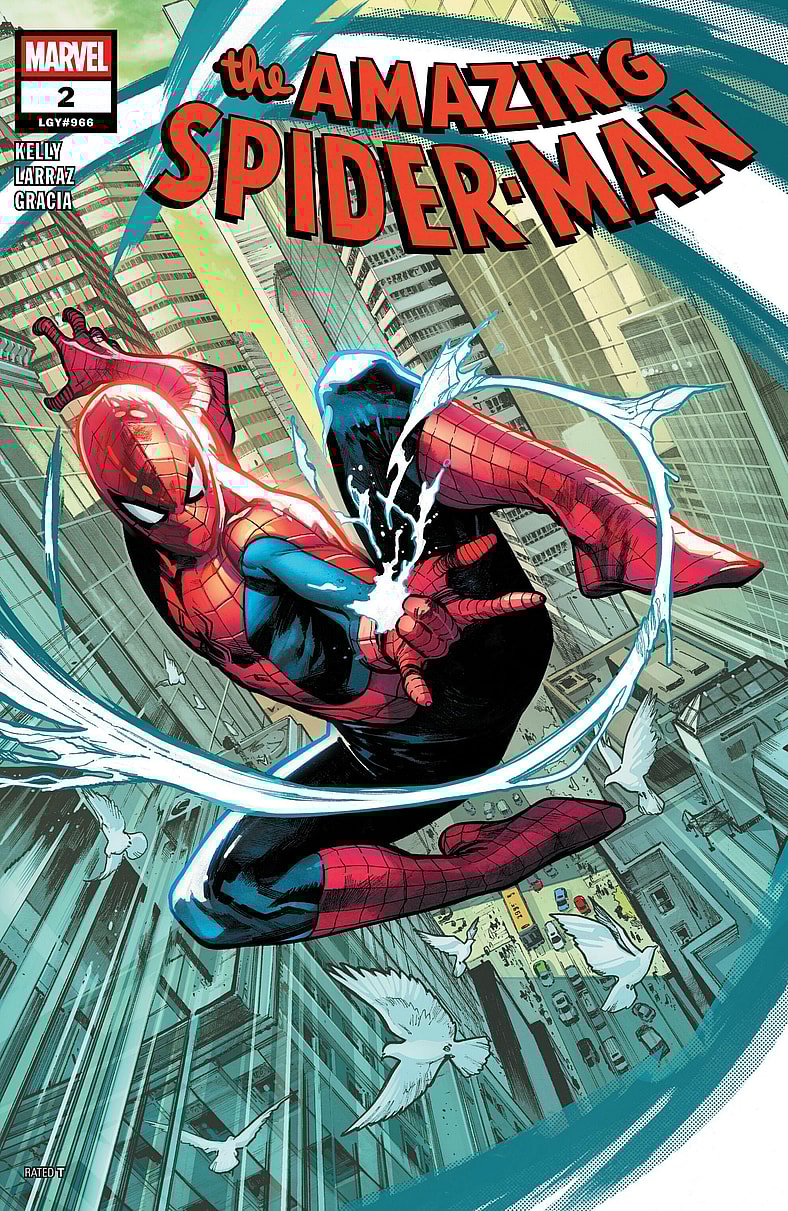 Peter Parker slings a web, any size, on Pepe Larraz's cover to Amazing Spider-Man Vol. 7 #2 (2025), Marvel Comics