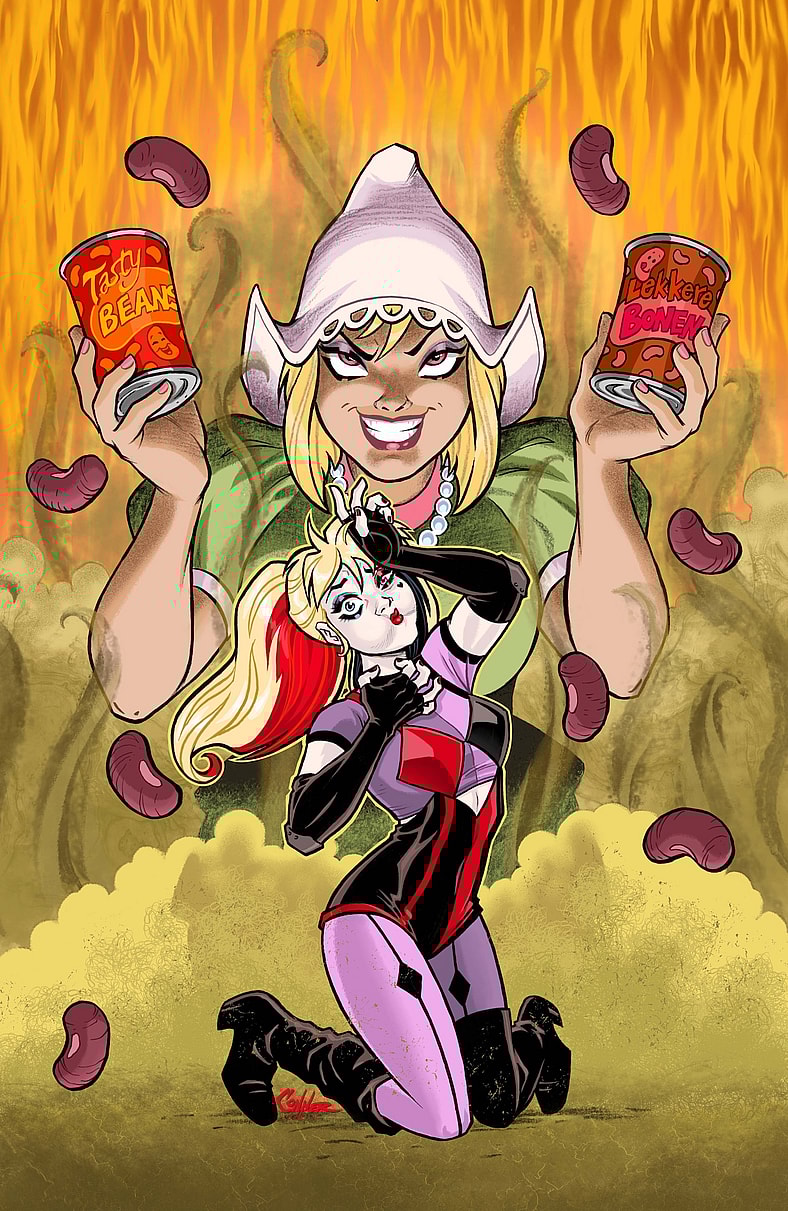 Harley Quinn falls under the sway of the magical fruit on Amanda Conner's variant cover to Harley Quinn Fartacular: Silent Butt Deadly Vol. 1 #1 (2025), DC
