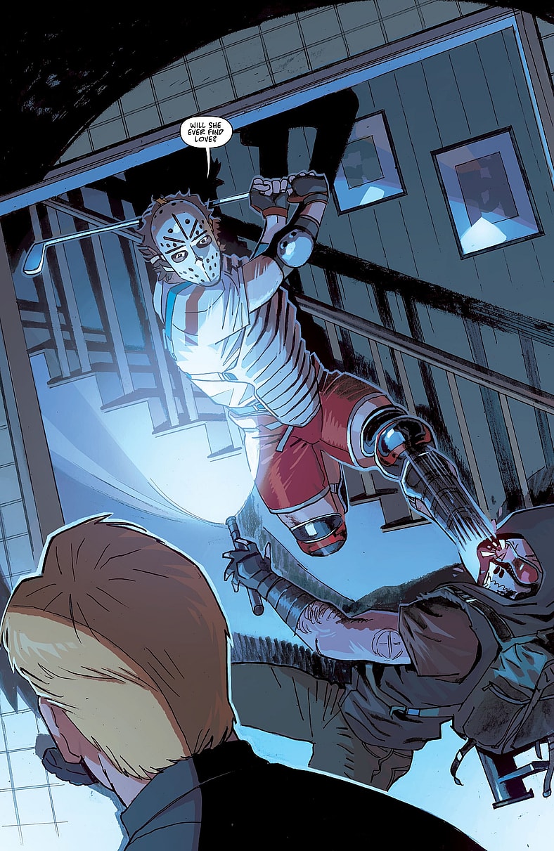 David suits up as The Holy Roller for the first time in The Holly Roller Vol. 1 #2 (2023), Image Comics. Words by Rick Remender, Andy Samberg, and Joe Trohman, art by ROland Boschi, Moreno DInisio, and Rus Wooton