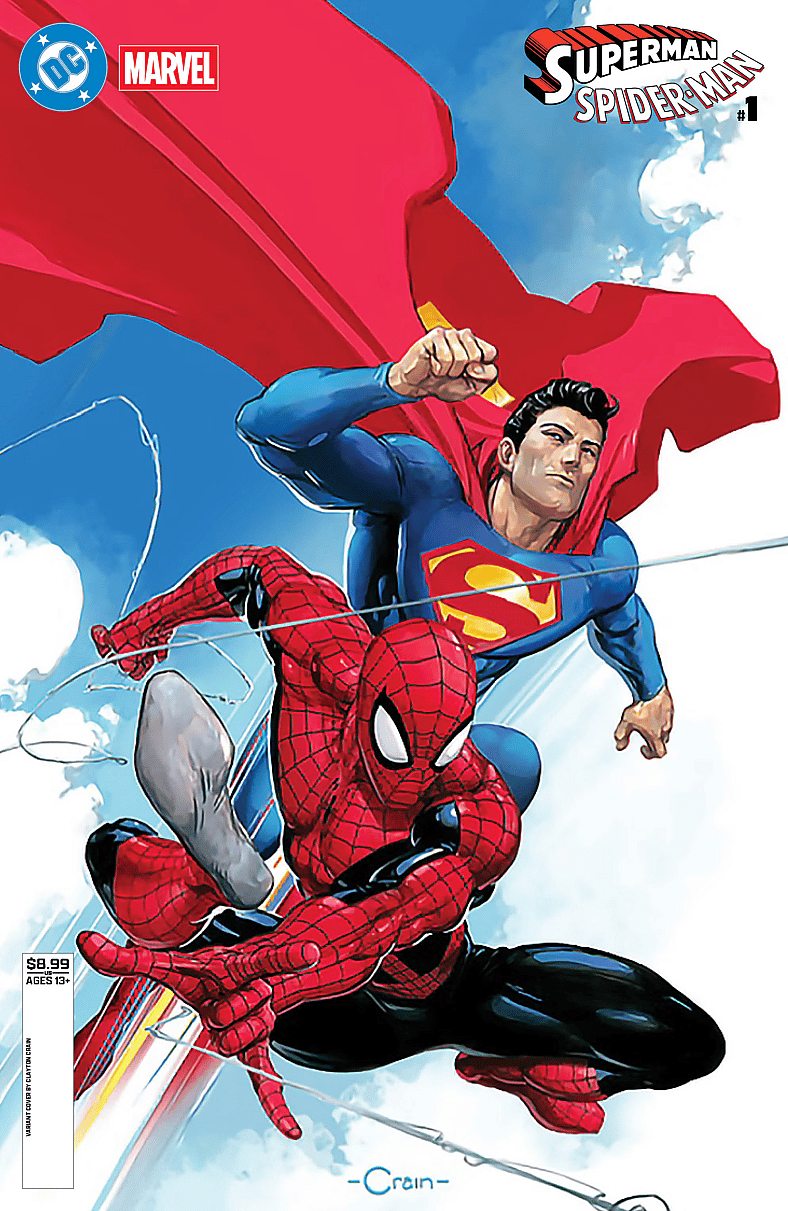 Big Blue and New York's Friendly Neighborhood web-slinger catch some air on Clayton Crain's variant cover to Superman/Spider-Man Vol. 1 #1 (2026), DC/Marvel