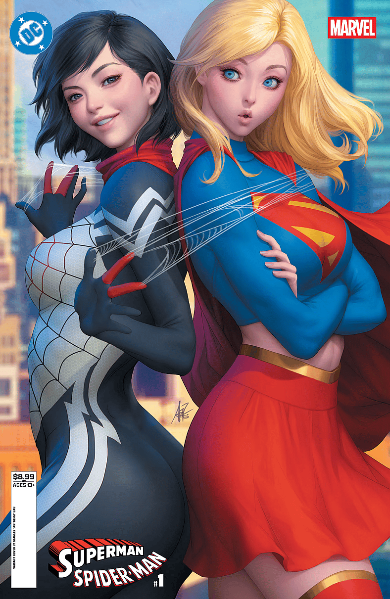 Silk and Supergirl find themselves in a sticky situation on Stanley 'Artgerm' Lau's variant cover to Superman/Spider-Man Vol. 1 #1 (2026), DC/Marvel