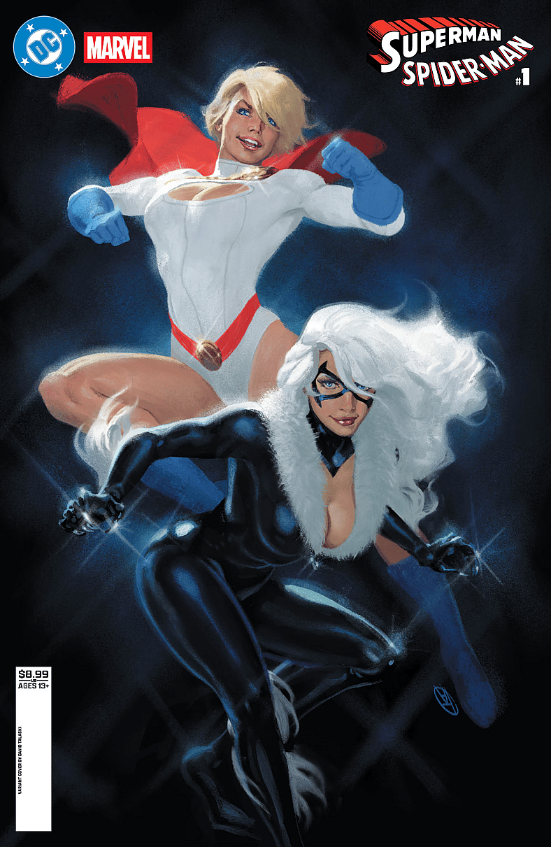 Power Girl and Black Cat strut their stuff on David Talaski's variant cover to Superman/Spider-Man Vol. 1 #1 (2026), DC/Marvel