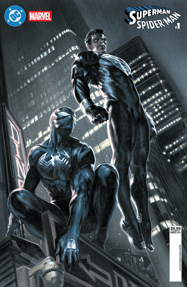 Clark Kent and Peter Parker take their black suits out for a spin on Gabrielle Dell Otto's variant cover to Superman/Spider-Man Vol. 1 #1 (2026), DC/Marvel