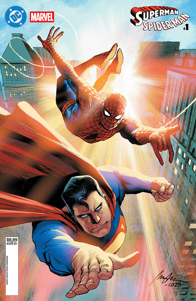 A streak of red and a flurry of webs bring hope to the New York skyline on Rafael Albuquerque's variant cover to Superman/Spider-Man Vol. 1 #1 (2026), DC/Marvel