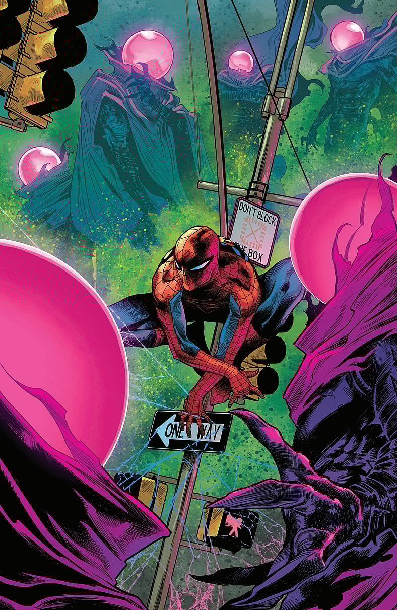 Peter Parker finds himself lost in a cloud of Mysterios on Marco Checchetto and Matthew Wilson's cover to Ultimate Spider-Man Vol. 3 #16 (2025), Marvel Comics