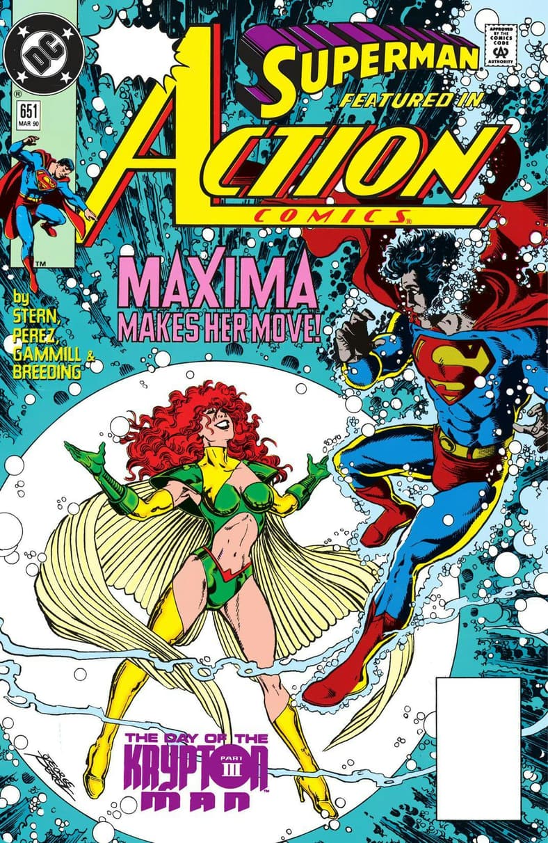 Maxima makes her move in Action Comics Vol.1 #651 "Not of This Earth" (1990), DC Comics. Words by Roger Stern. Art by George Perez, Kerry Gammill, Brett Breeding, and Glenn Whitmore.