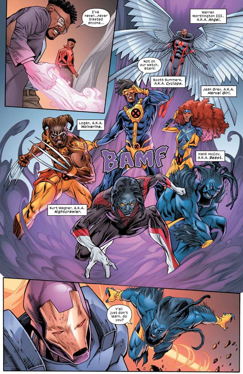 The X-Men of Earth-63 attempt to stop their version of Tony Stark from launching his anti-mutant attack in Bishop: War College Vol. 1 #3 (2023), Marvel Comics. Words by J. Holtham, art by Sean Damien Hill, Alberto Foche, Victor Nava, Espen Grundetjern, and Travis Lanham.