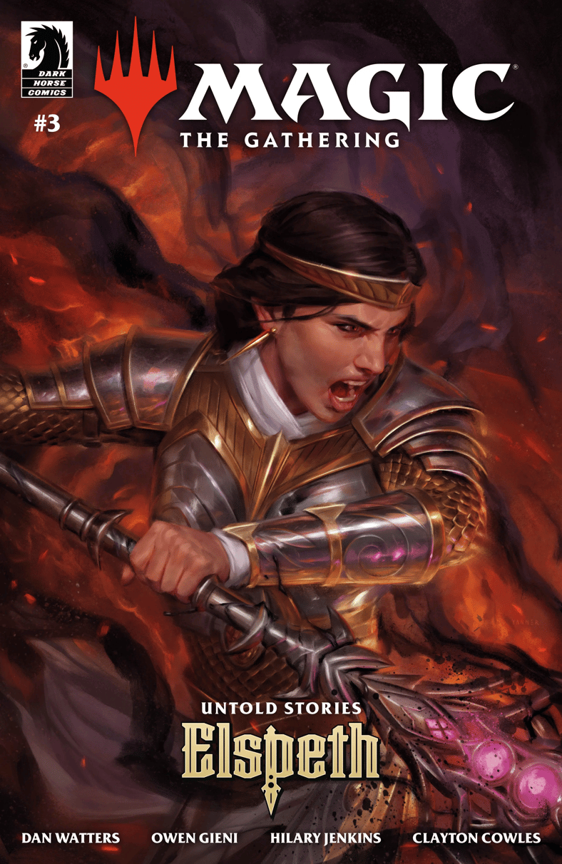 Elspeth lungs forth with the Shadowspear at the ready on Kieran Yanner's variant cover to Magic: The Gathering: Untold Stories - Elspeth Vol. 1 #3 (2025), Dark Horse Comics