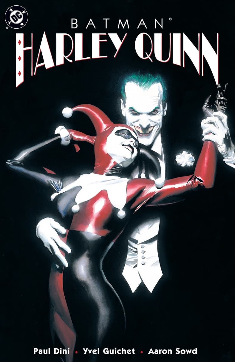 Harley Quinn and the Joker dance in the pail moonlight on Alex Ross' cover to Batman: Harley Quinn (1999), DC Comics.