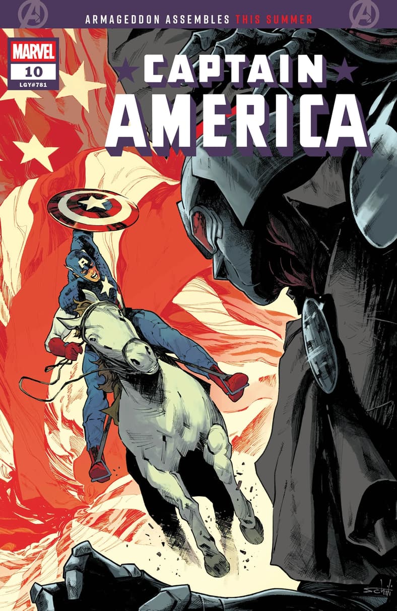 The Star-Spangled Avenger charges forth towards Armageddon on Valerio Schiti's cover to Captain America Vol. 14 #10 (2026), Marvel Comics.