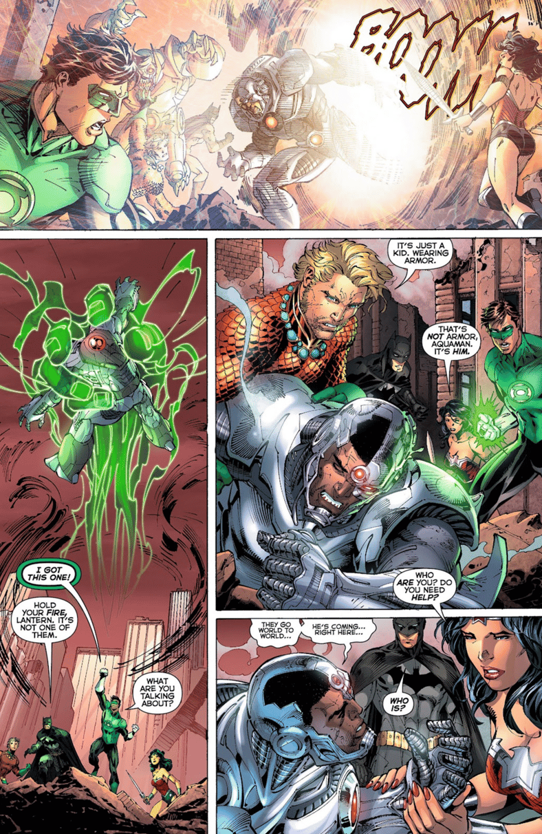 Cyborg warns of Darkseid's incoming arrival in Justice League Vol. 2 #4 (2012), DC. Words by Geoff Johns, art by Jim Lee, Scott Williams, Alex Sinclair, Gabe Eltaeb, and Pat Brosseau.