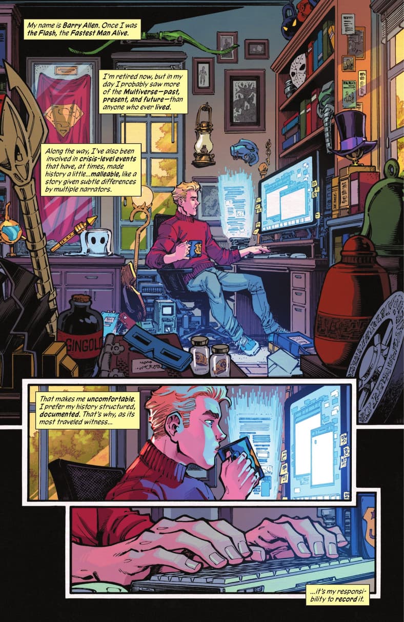Barry Allen embarks on a new mission in New History of the DC Universe Vol. 1 #1 (2025), DC. Words by Mark Waid, art by Todd Nauk, Jerry Ordway, Matt Herms, John Kalisz, and Todd Klein.
