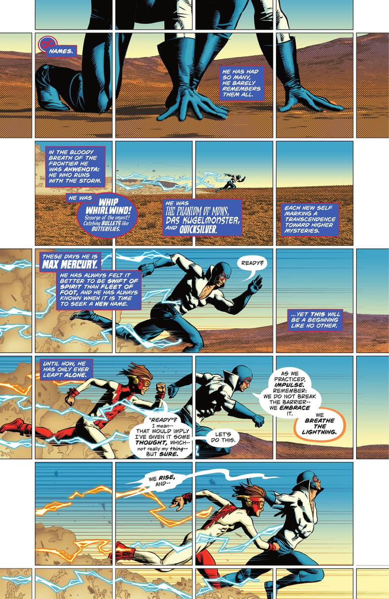 Max Mercury gives Impulse a refresher on the Speed Force in The Flash Vol. 6 #1 "Strange Attractor" (2023), DC. Words by Si Spurrier, art by Mike Deodato Jr., Patricia Mulvihill, and Hassan Ostmane-Elhaou.