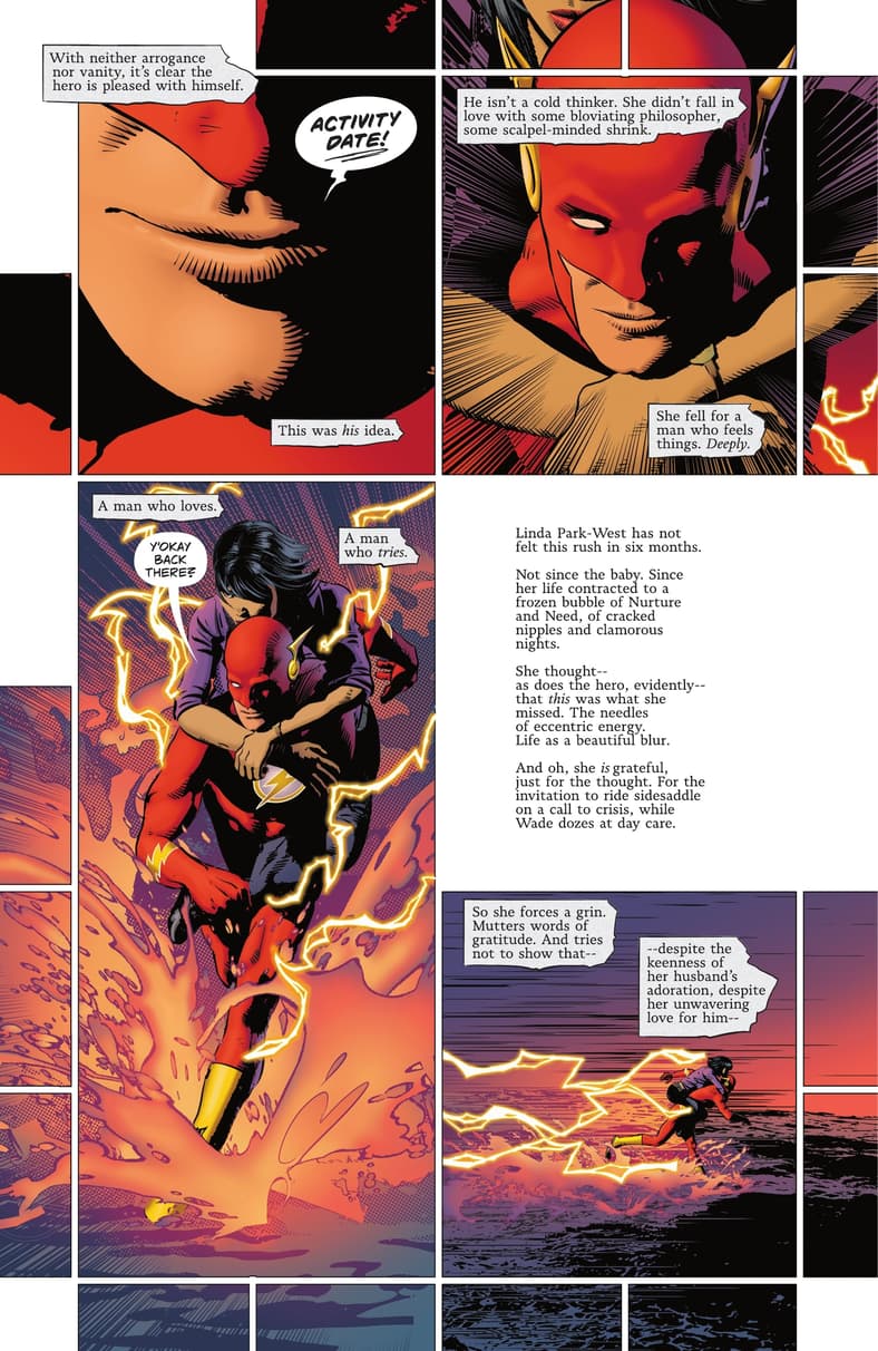 Wally West takes Linda Park-West for a ride in The Flash Vol. 6 #6 "The Gift" (2023), DC. Words by Si Spurrier, art by Mike Deodato Jr., Patricia Mulvihill, and Hassan Ostmane-Elhaou.