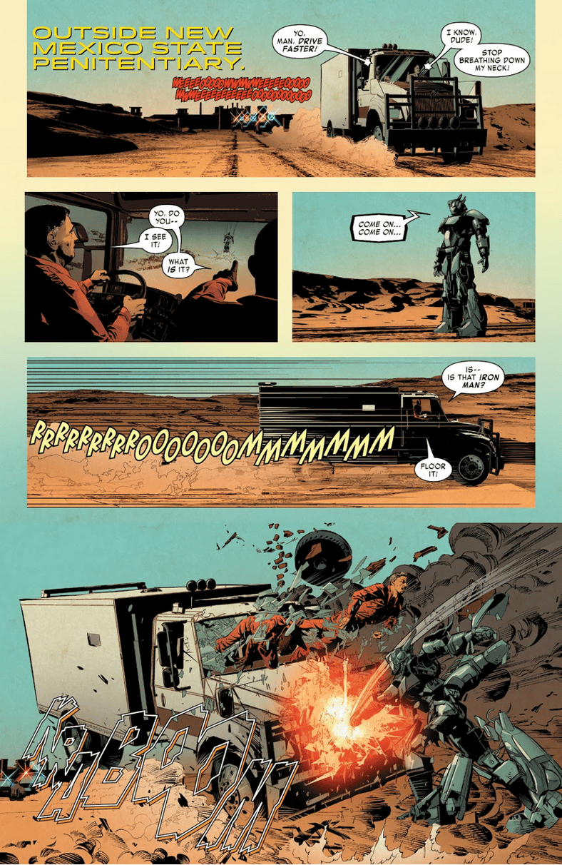 Ironheart stops a truck of escaped convicts in Invincible Iron Man Vol. 3 #11 (2016), Marvel Comics. Words by Brian Michael Bendis, art by Mike Deodato Jr., Frank Martin Jr., and Clayton Cowles.