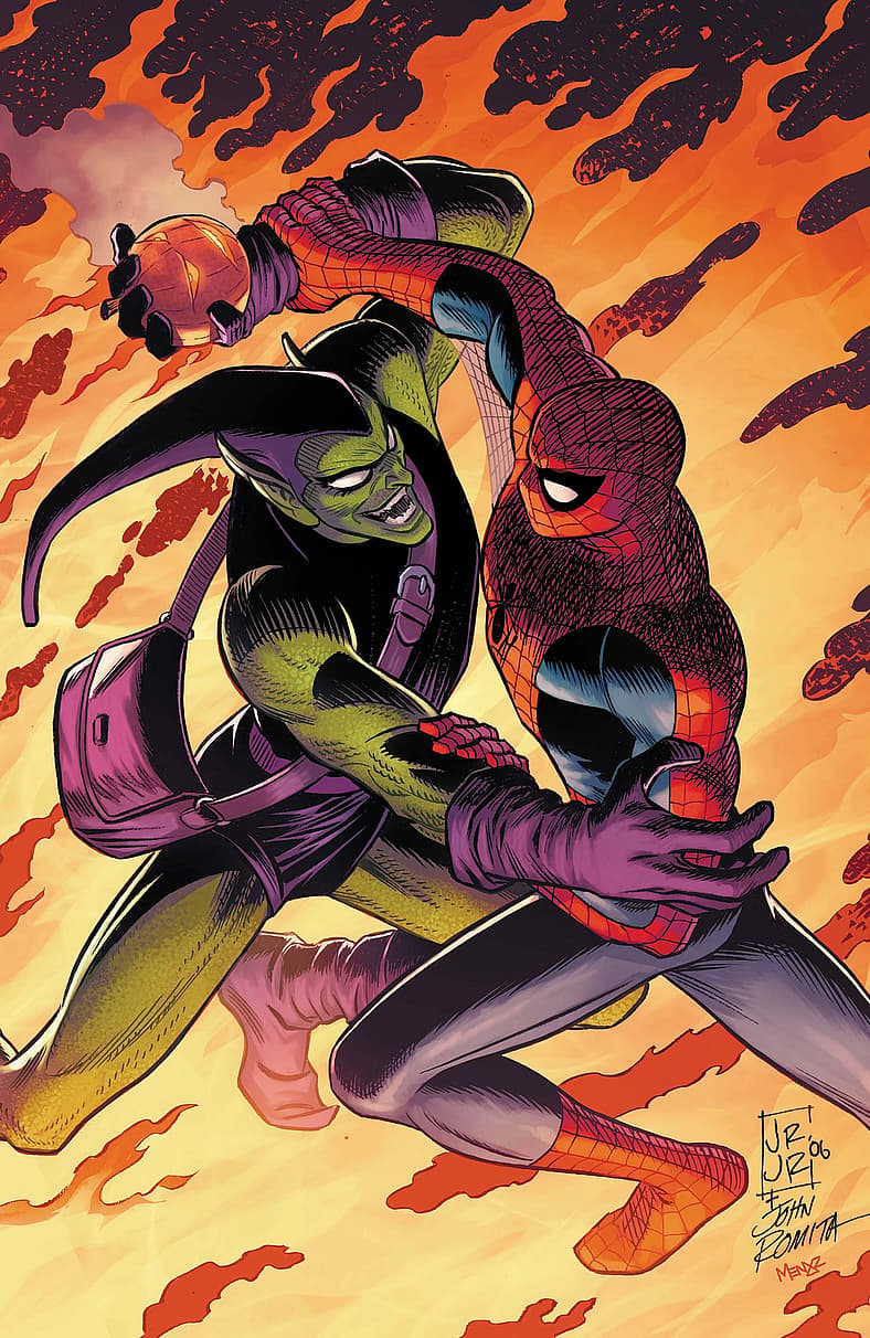 Spider-Man and Green Goblin battle on John Romita Jr.'s cover to Amazing Spider-Man Vol. 6 #36