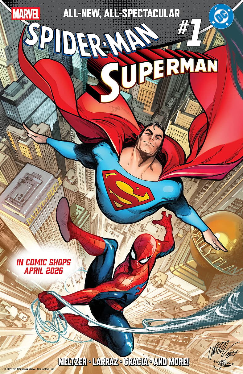 Superman gives Spider-Man a tour of Metropolis on Pepe Larraz's cover to Spider-Man/Superman Vol. 1