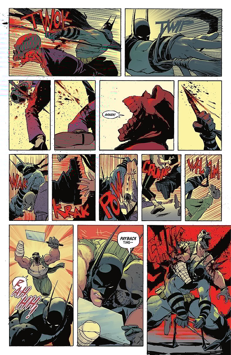 Batman takes on the Party Animals in Absolute Batman Vol. 1 #5 "The Zoo, Part Five" (2024), DC. Words by Scott Snyder, art by Nick Dragotta, Frank Martin, and Clayton Cowles.