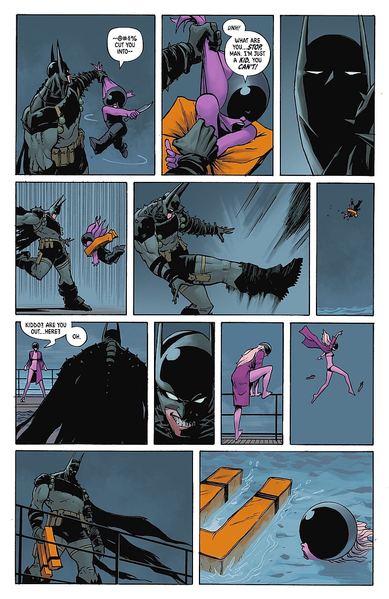 Batman boots one of Black Mask's goons into the waters of Gotham Bay in Absolute Batman Vol. 1 #5 "The Zoo, Part Five" (2024), DC. Words by Scott Snyder, art by Nick Dragotta, Frank Martin, and Clayton Cowles.