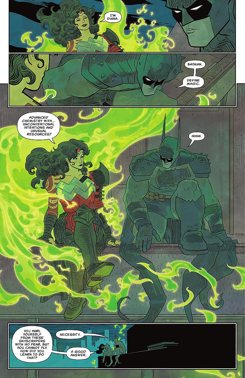 Diana takes it upon herself to break the ice with The Dark Knight in Absolute Wonder Woman Vol. 1 #15 "The Mark of Hecate" (2025), DC. Words by Kelly Thompson, art by Hayden Sherman.