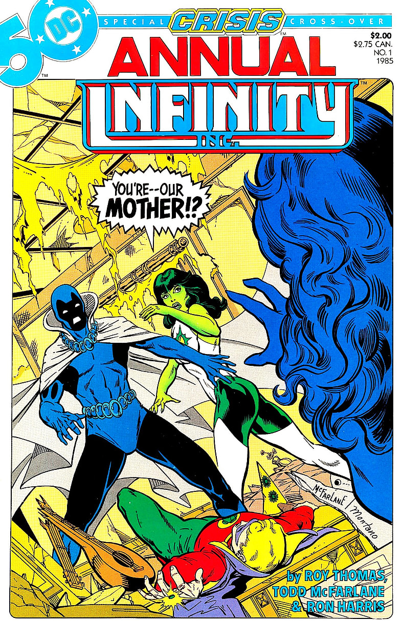 Jade and Obsidian learn a hard truth about their mother on Todd McFarlane and Steve Montano's cover to Infinity Inc. Annual Vol.1 Issue #1 "Green Dreams and Precious Illusions" (1985), DC Comics