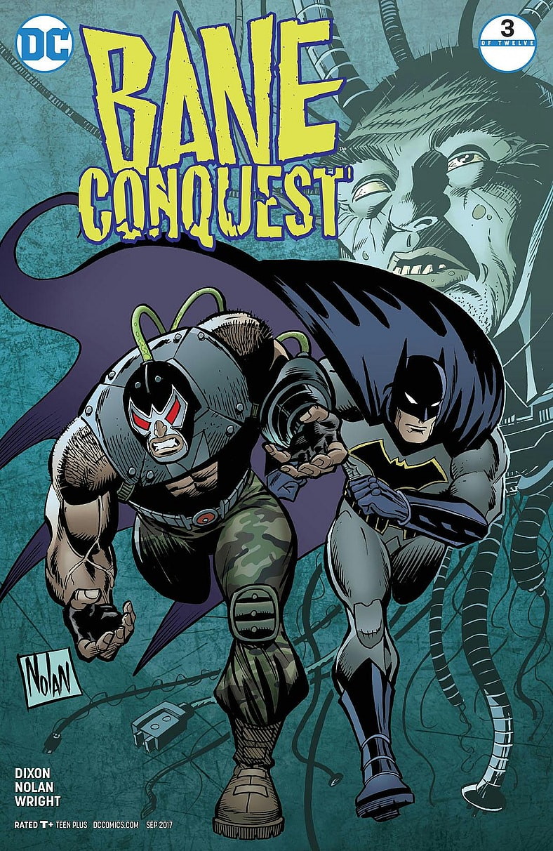 Bane and Batman running away from Damocles on Graham Nolan's cover to Bane: Conquest Issue #3 "The Sword, Part Three" (2017), DC Comics