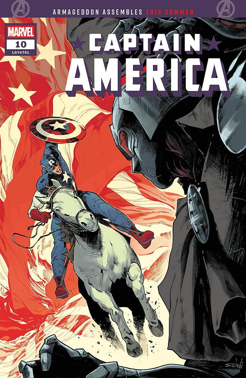 The Star-Spangled Avenger charges forth towards Armageddon on Valerio Schiti's cover to Captain America Vol. 14 #10 (2026), Marvel Comics.