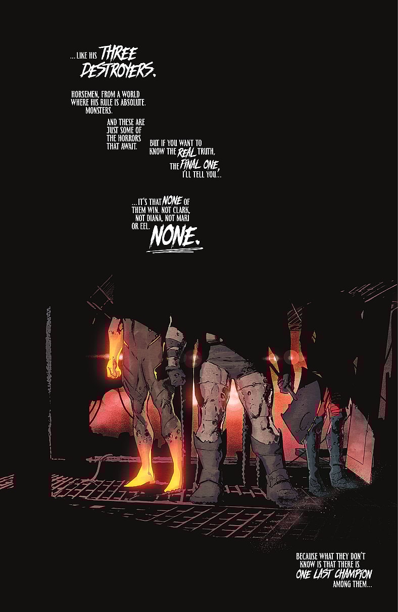 The Absolute Trinity reveal themselves as Darkseid's trump card in DC K.O. Vol. 1 #1 "Chapter One: Into the Ring" (2025), DC. Words by Scott Snyder, art by Javi Fernandez, Xermanico, Alejandro Sánchez, and Hassan Otsmane-Elhaou.