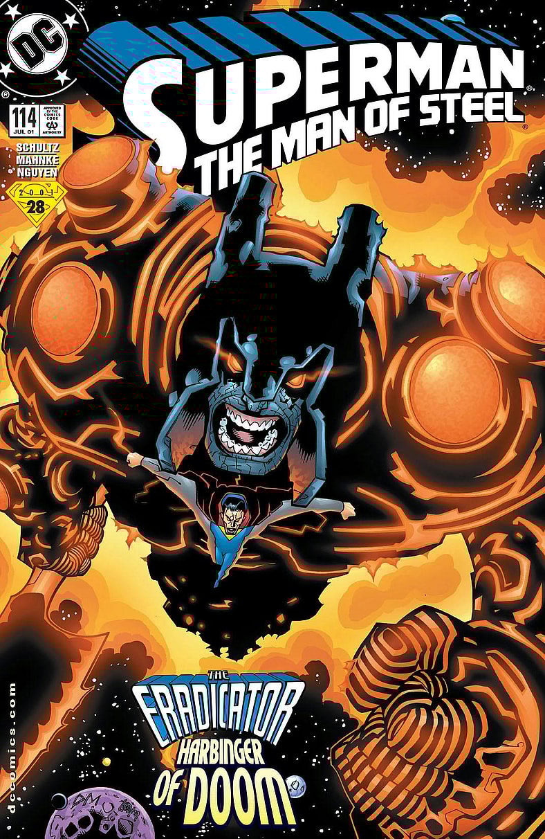 The Eradicator in a fiery orange suit, overshadowing Superman on Mark Schultz, Doug Mahnke, Richard Horie, and Tom Nguyen's cover of Superman: The Man of Steel Vol.1 Issue #114 "Poor Elijah" (2001) DC Comics