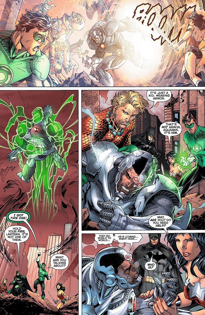 Cyborg warns of Darkseid's incoming arrival in Justice League Vol. 2 #4 (2012), DC. Words by Geoff Johns, art by Jim Lee, Scott Williams, Alex Sinclair, Gabe Eltaeb, and Pat Brosseau.