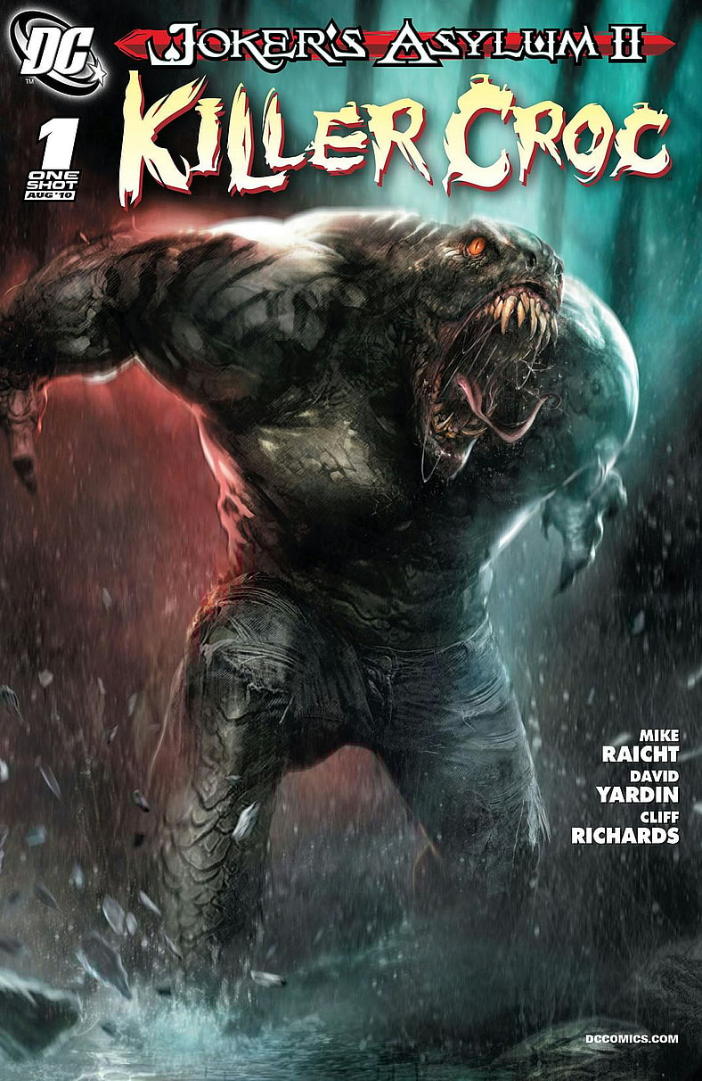 Killer Croc advances menacingly from the water on Francesco Mattina's cover to Joker's Asylum: Killer Croc Issue #1 "Beauty and the Beast" (2010), DC Comics